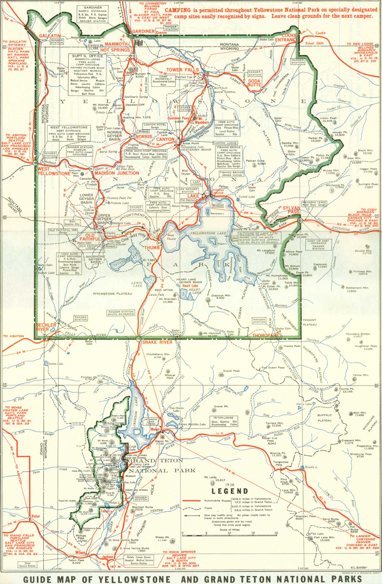 1929 Yellowstone And Grand Teton National Parks Map Yellowstone