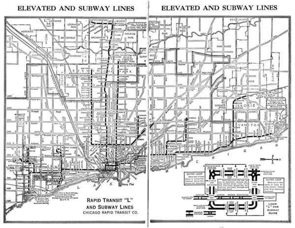 1944 Chicago "L" Elevated Train Map