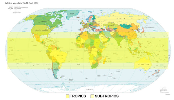 map of world. World map showing Tropics and