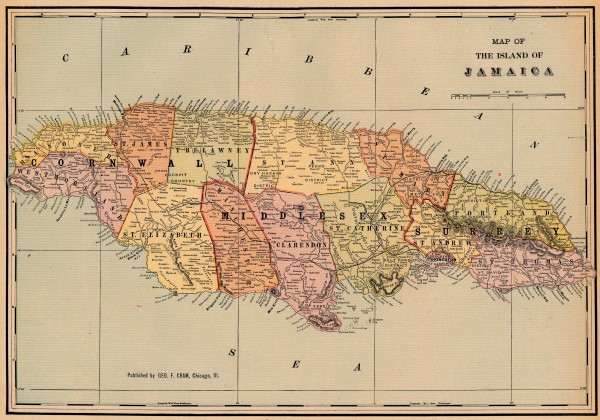 Antique map of Jamaica from 1901