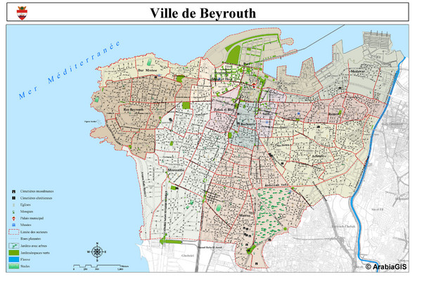Map of Beirut, Lebanon.