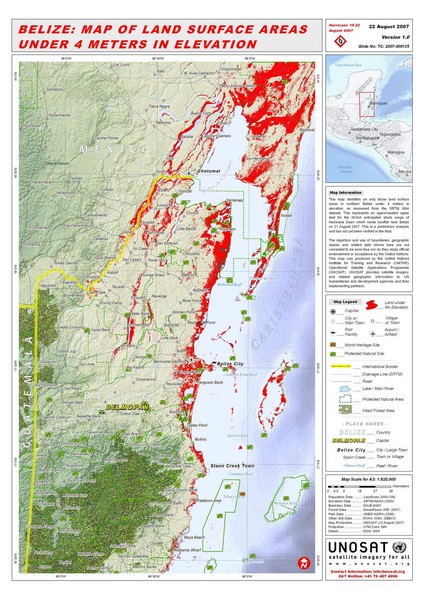 Belize Land Surface Areas Under 4 Meters Map
