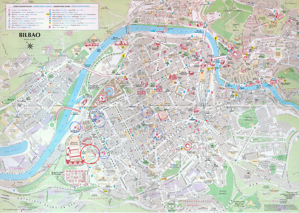 Tourist map of central Bilbao, Spain. Shows major buildings and other points 