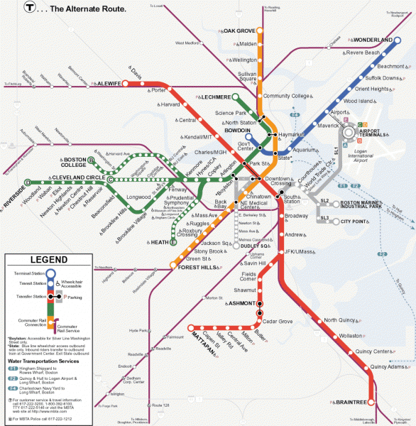 Massachusetts Bay Transportation Authority (MBTA) map of the Boston T subway 
