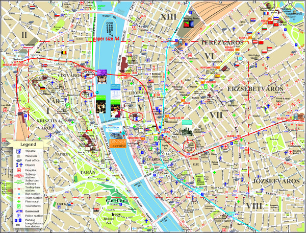 Tourist map of central Budapest, Hungary. Shows theaters, museums 