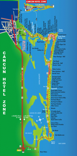 hotel zone map cancun. Map of the Hotel Zone of