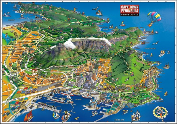 Bird's eye view tourist map of Cape Town and peninsula, South Africa.