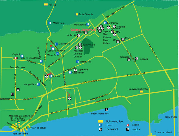 Tourist map of central Cebu City, Philippines. Shows sightseeing spots.