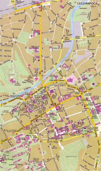 Tourist map of Cluj-Napoca, Romania. Shows major buildings and points of 