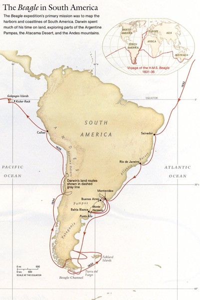 Darwin's South American Voyages 1831/36 Map