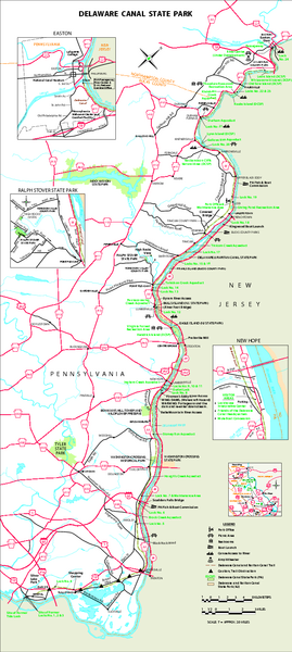 Detailed map of Delaware Canal State Park in Pennsylvania. Long dimension.