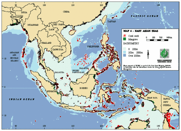 Includes color coded depths of the water and locations of coral reefs.