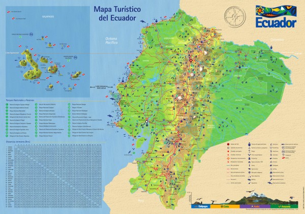 Detailed tourist map of Ecuador with inset of the Galapagos Islands.