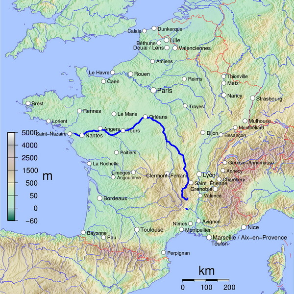 World Map France Highlighted. Map of France with river Loire