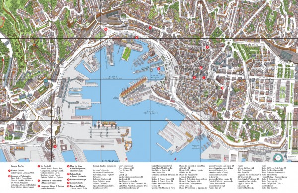 Tourist map of center of Genoa, Italy (Genova). Drawing shows all buildings 