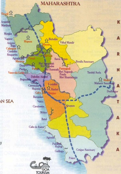 Goa Tourist Map - GTDC Hotels marked along with cities and railways.