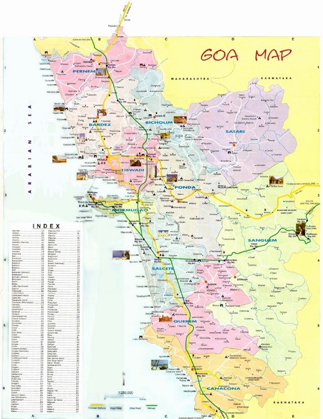 Tourist map of Goa, India. Shows points of interest.