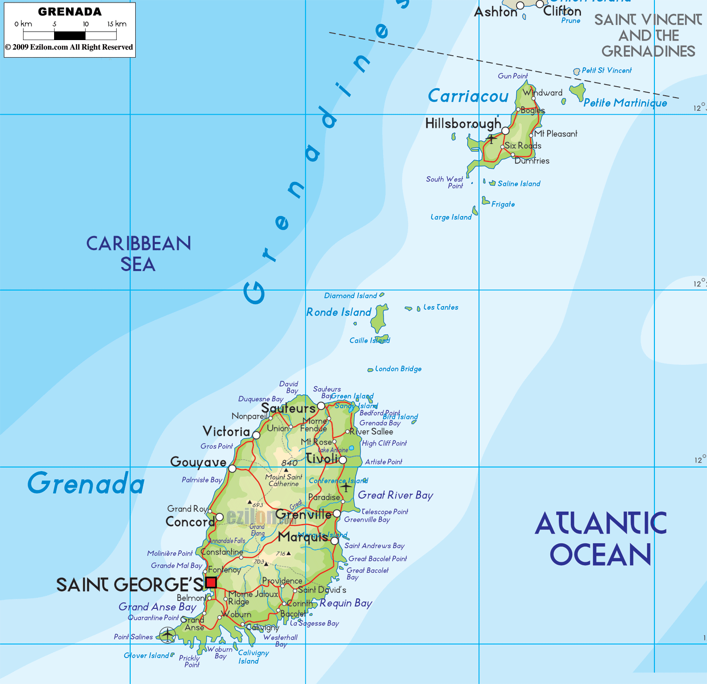 Grenada Physical Map • Mappery