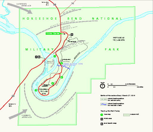 Official NPS map of Horseshoe Bend National Military Park in Alabama.