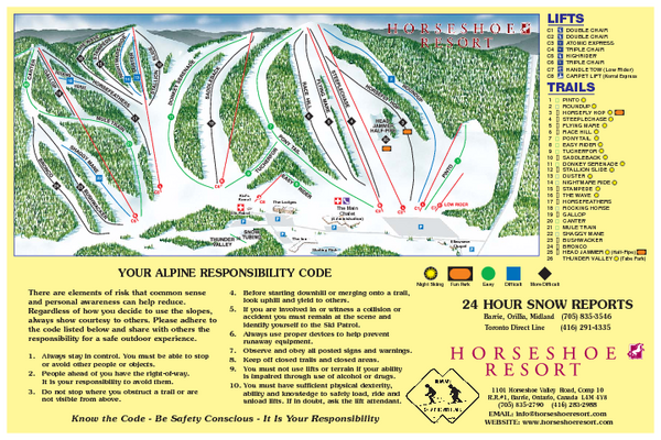 Trail map from Horseshoe Resort, which provides downhill and nordic skiing.