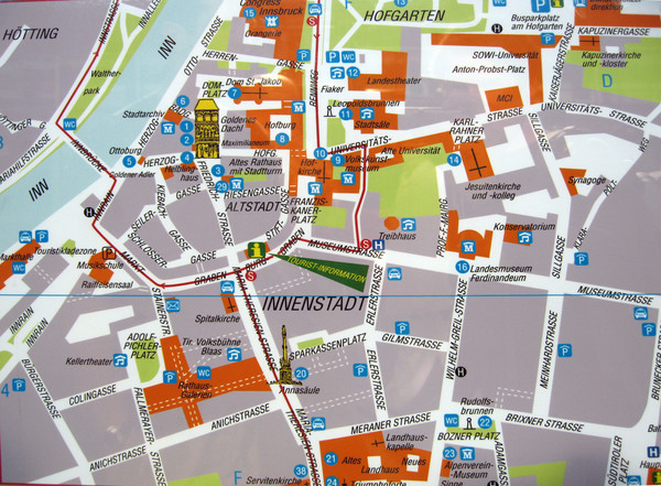 Tourist map of inner Innsbruck, Austria. Photo of outdoor map.