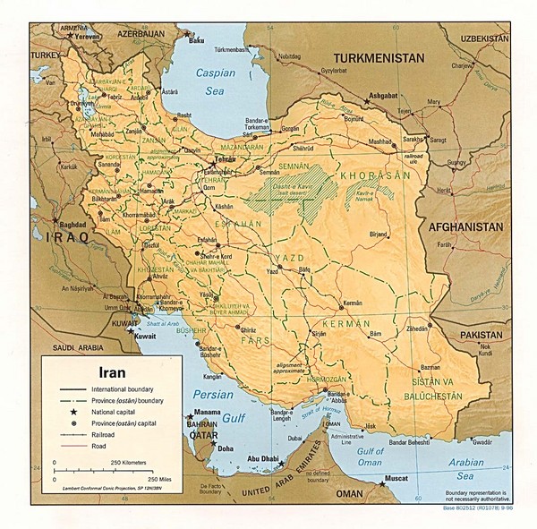Map of Iran showing cities, provinces, railroads and roads. Created 9/1996