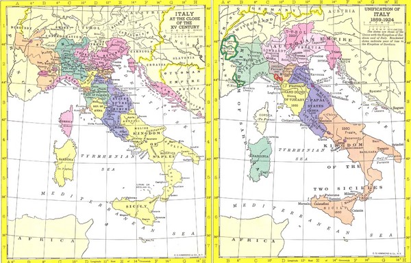 Italy Historic Political Map 15th Century and 1859-1924