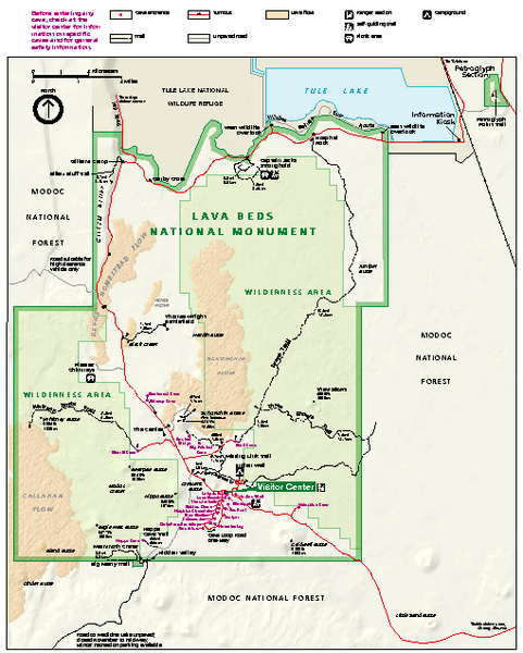 Official park map of Lava Beds National Monument.