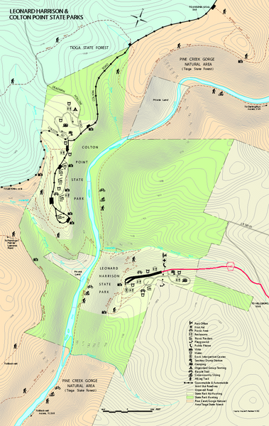 Detailed map for Leonard Harrison State Park in Pennsylvania.