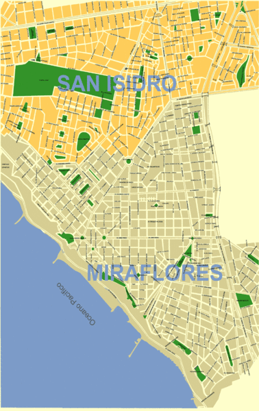 City map of Lima, Peru showing San Isidro and Miraflores neighborhoods.