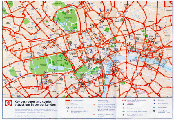 Key bus routes and tourist attractions in central London. Scanned.