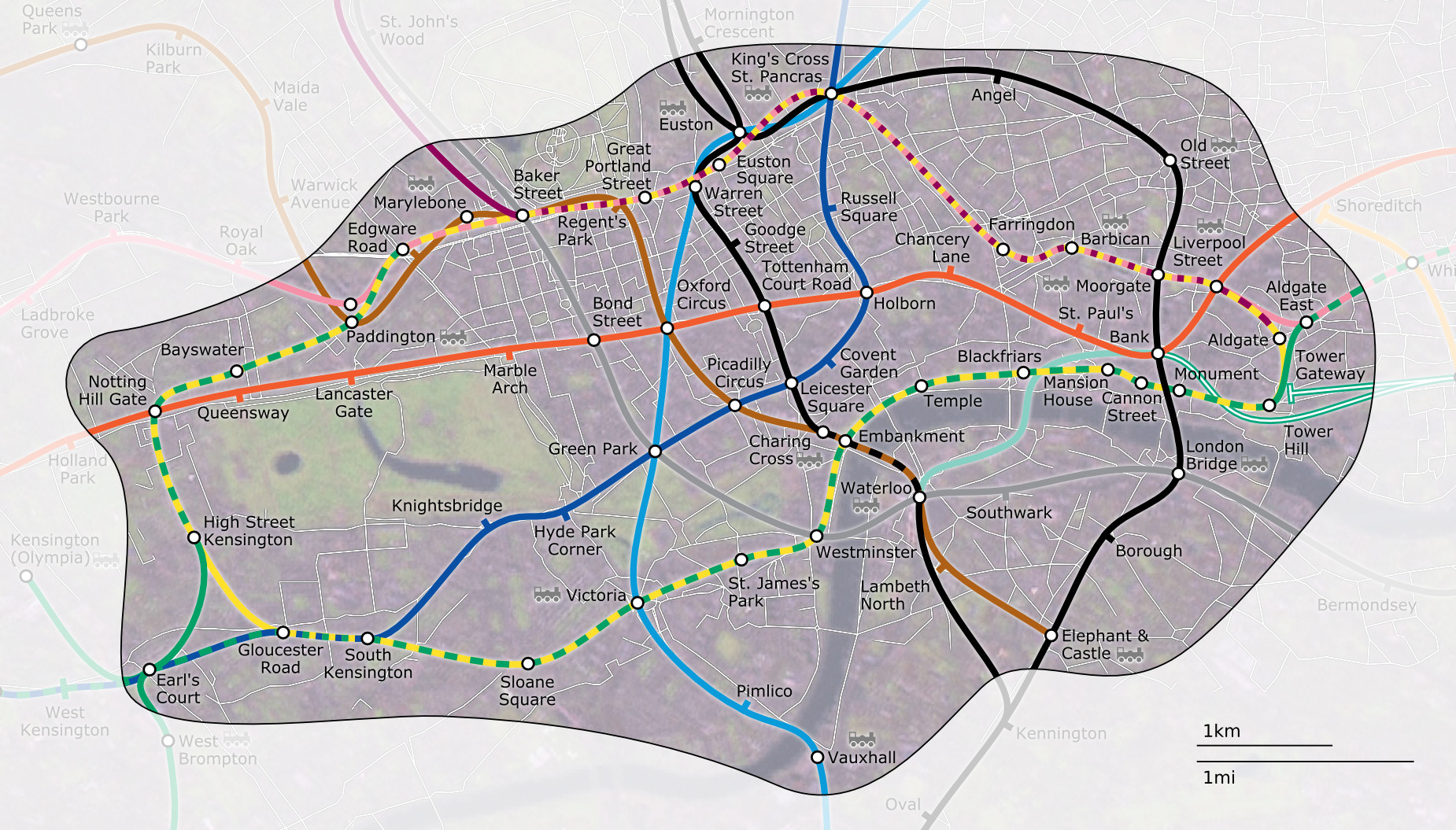 London Underground Zone 1 with Street Map - London England • mappery