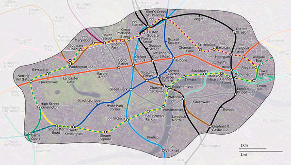 Fullsize London Underground Zone 1 with Street Map