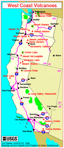 Major West Coast Volcanoes (Washington, Oregon and California) Map