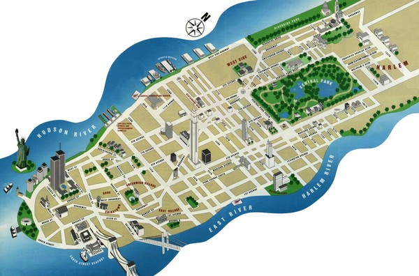 Simplified tourist map of Manhattan. Shows major NYC landmarks.