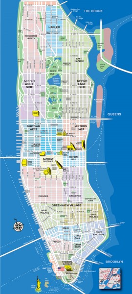 Tourist map of Manhattan, showing Museums, buildings of interest, 