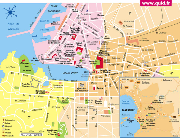 Tourist map of central Marseille, France. Inset shows surrounding area.