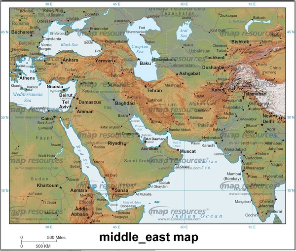 Map of Middle East includes countries, streets, cities, towns and waterways.