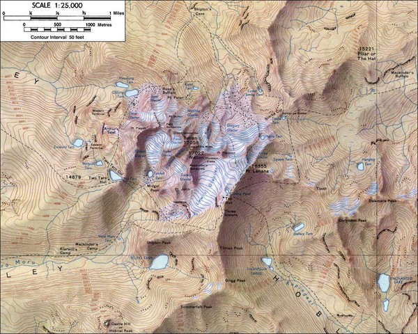 Topographical map of Mt. Kenya, the second highest mountain in Africa at 