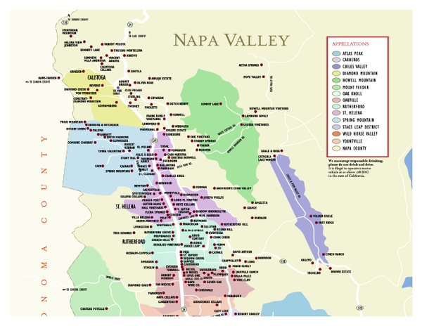 Map of wineries in Napa County, California. Shows wineries and appellations