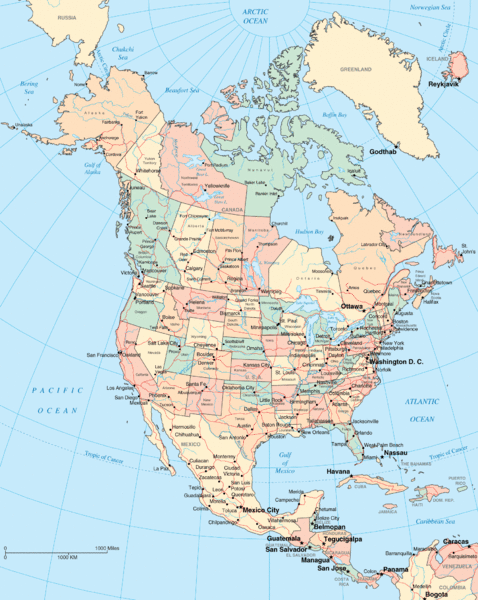 Political map of North America. Shows states in US and provinces in Canada