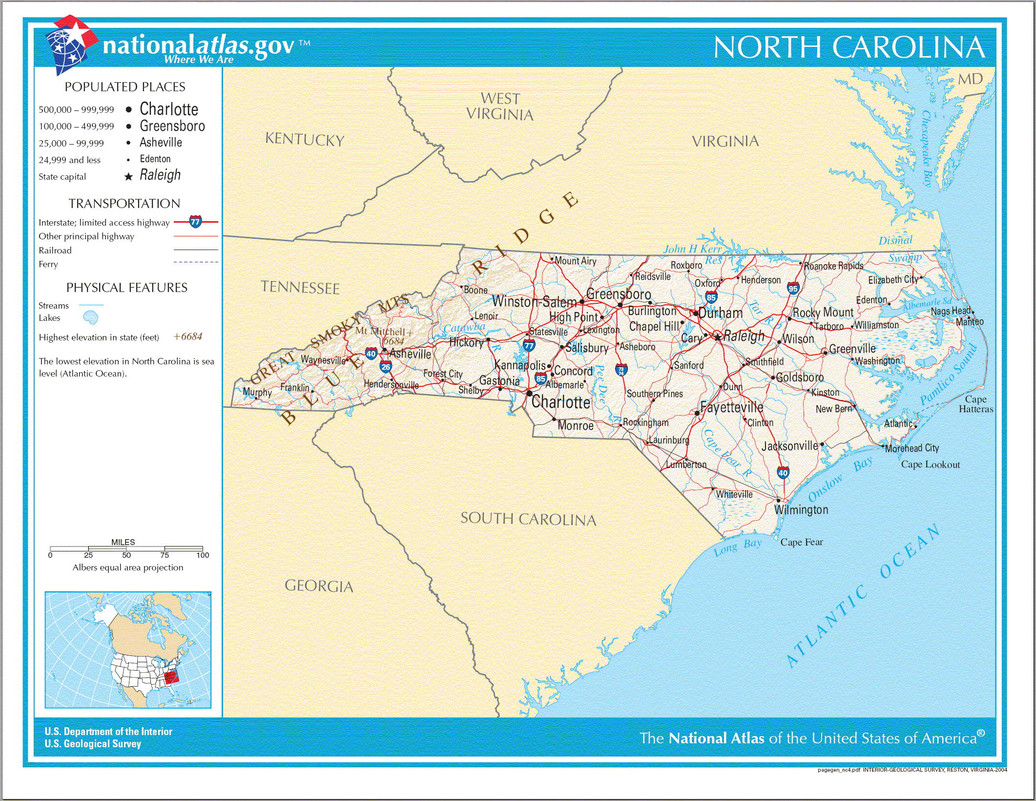 North Carolina Road Map - North Carolina USA