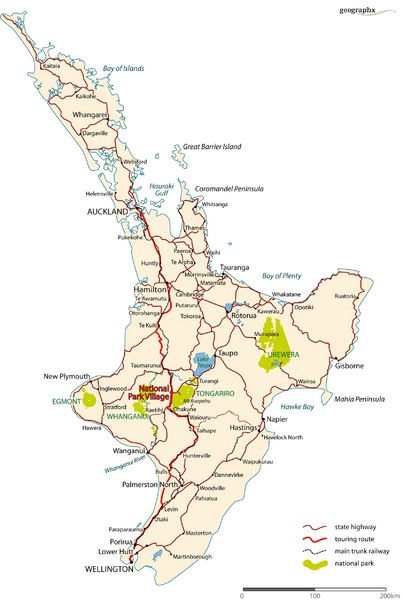 Road map of North Island, New Zealand. National Park Village highlighted.