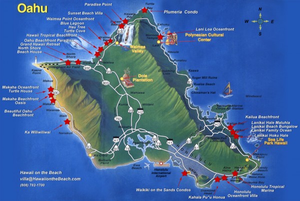 Tourist map of Oahu Island, showing beaches and points of interest.