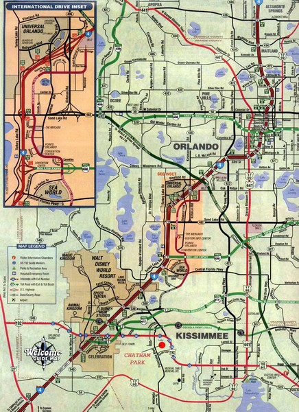 Street map for Orlando/Kissimmee Florida map. Map shows Walt Disney World 