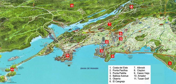 Pictorial map of Panama city with prime real estate investment areas 