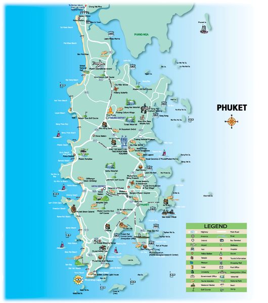 Tourist map of island of Phuket, Thailand. Shows points of interest.