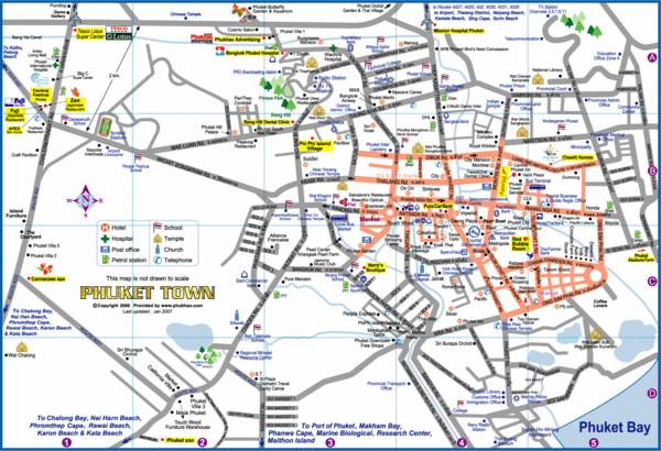 Town map of Phuket, Thailand. Shows services and points of interest.