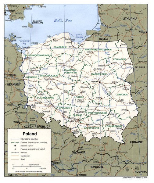 Map of Poland showing major roads, railroads, cities and boundaries.