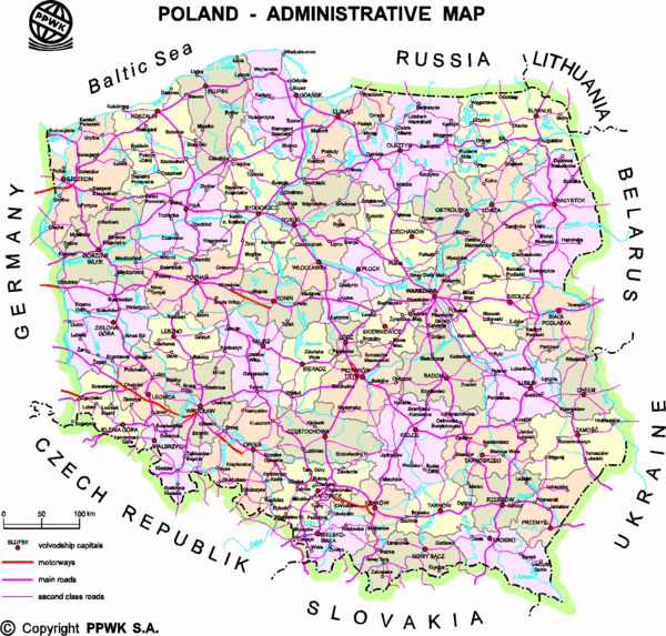 Map of Poland that includes all freeways, cities, districts and surrounding 